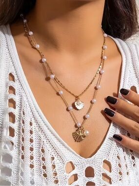 Gold Layered Pearl Shell Pendant Necklace - Women Jewelry